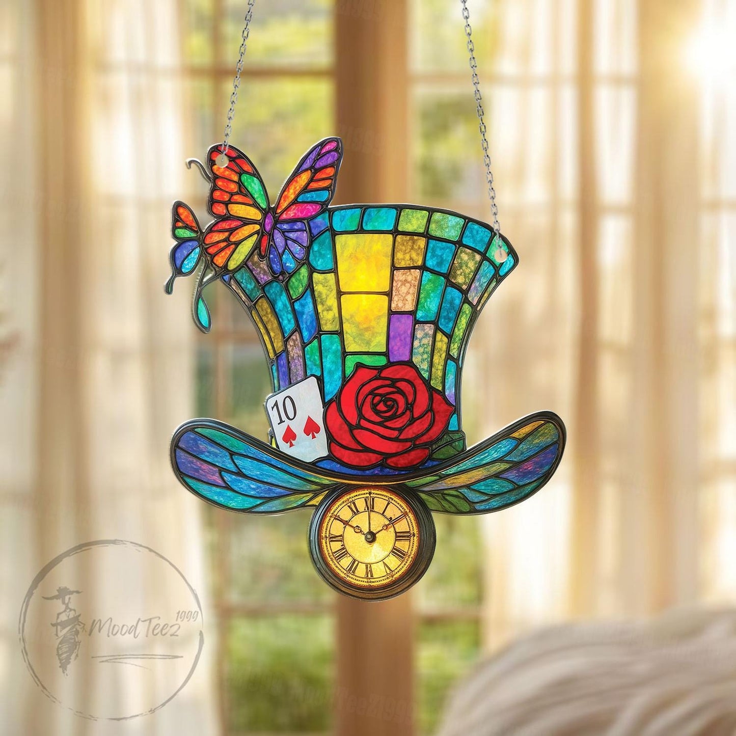 Tea Party Hat Window Hanging Acrylic, Alice in Wonderland Fantasy Decor Gift for Dreamers, Mad Hat Clock Ornament with Rose and Butterfly