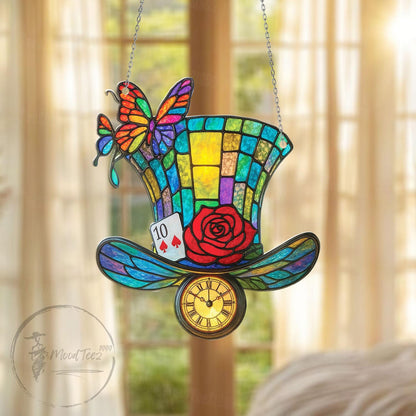 Tea Party Hat Window Hanging Acrylic, Alice in Wonderland Fantasy Decor Gift for Dreamers, Mad Hat Clock Ornament with Rose and Butterfly