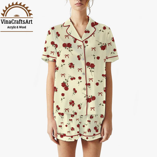 Rose Coquette Pajama Set – Vintage Floral Sleepwear for Women, Romantic Cottagecore Loungewear, Bow & Red Rose Print Cozy Nightwear