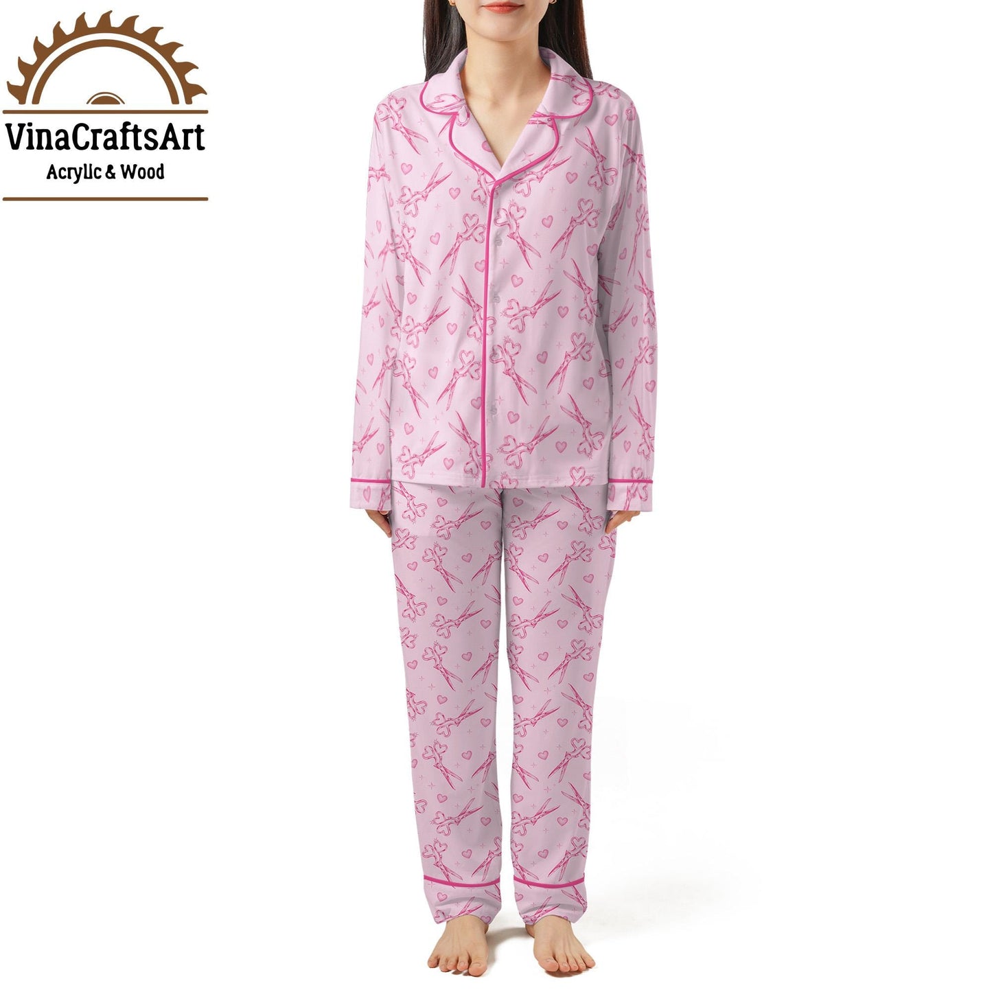 Pink Scissors Pajama Set – Cute Crafty Sleepwear for Women, Hearts & Shears Print Loungewear, Seamstress or Stylist Gift, Cozy PJ Set