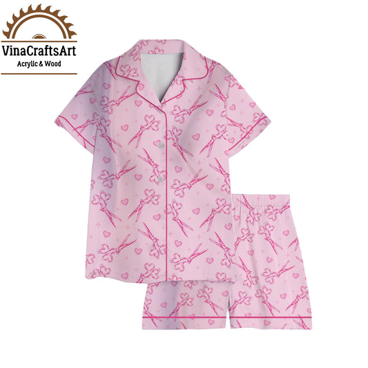 Pink Scissors Pajama Set – Cute Crafty Sleepwear for Women, Hearts & Shears Print Loungewear, Seamstress or Stylist Gift, Cozy PJ Set