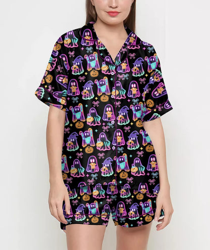 Vintage Halloween Shirt, Pajamas Satin Set, Cute Ghost, Witches, Gift For Halloween, Neon Halloween Coquette, Spooky Season, Fall Aesthetic