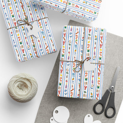 Seafood Print Wrapping Paper Vintage tinned Fish Lobster Sardine Art Gift Wrap for Foodies, Coastal Weddings, Tomato Girl Italian Summer