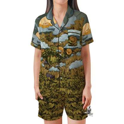 Mother Earth Pajama Set Short Sleeves, Demeter Goddess of the Harvest Woman's Satin Pajama Short Sleeve