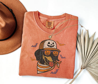 Comfort Colors® Halloween Cool Dog Shirt, Dachshund with Pumpkin Trucker Hat and Sunglasses Shirt, Funny Fall Halloween Shirt for Dog Lovers