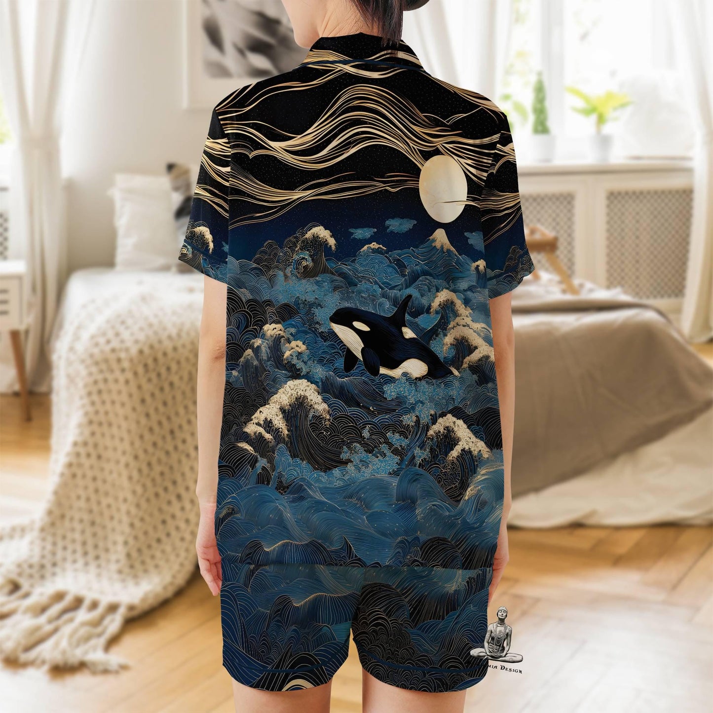 Orca Pajama Set Short Sleeves, Killer Whale Woman's Satin Pajama Short Sleeve Ocean Lover Gift