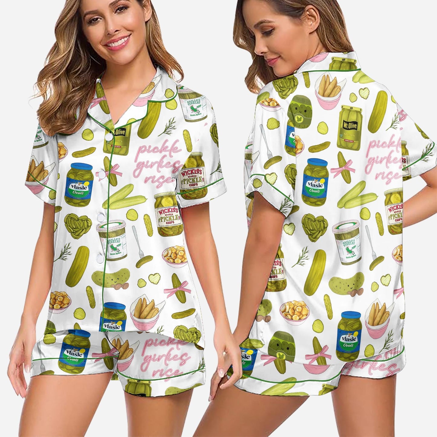 Women's Pickle Print Satin Pajamas Set Printed Comfortable Satin Pajamas and  Loungewear Pjs Short Sleeve Top & Shorts Withought Pockets