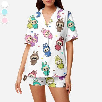 Labubu Horror Satin Pajamas Set, Horror Character Pajamas, Button Up Sleepwear  Pajamas Set
