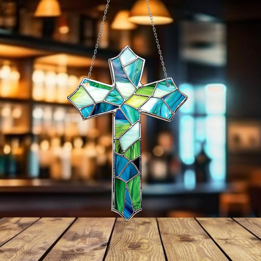 Christian Cross Window Hanging with Blue Green Glass Mosaic – Christian Decor, Religious Gift for Mom, Housewarming Ornament, Faith Art