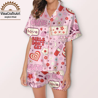 Girls Don’t Cry Pajama Set – Kawaii Y2K Graphic Sleepwear, Cute Pink Short PJ Set for Women, Teen Girl Loungewear Gift, Pop Aesthetic PJ