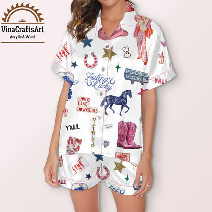 Western Cowgirl Pajama Set – Cute Country Rodeo Sleepwear with Boots, Stars & Hats, Southern Y'all Lounge PJs for Girls Women