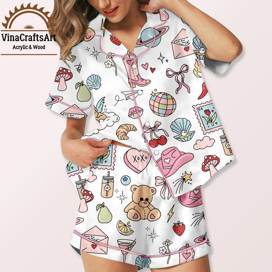 Cute Cartoon Icon Pajama Set – Cozy Aesthetic PJs with Bows, Mushrooms, Teddy Bears & Girly Graphics | Kawaii Sleepwear for Women