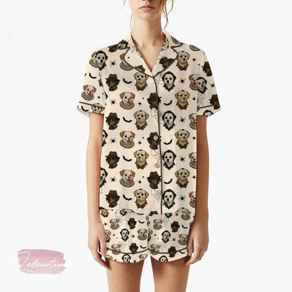 Spooky Paw Set – Halloween Dog Print Pajama Set with Horror-Inspired Pups, Cute Pet Lover Sleepwear, Funny Fall Loungewear