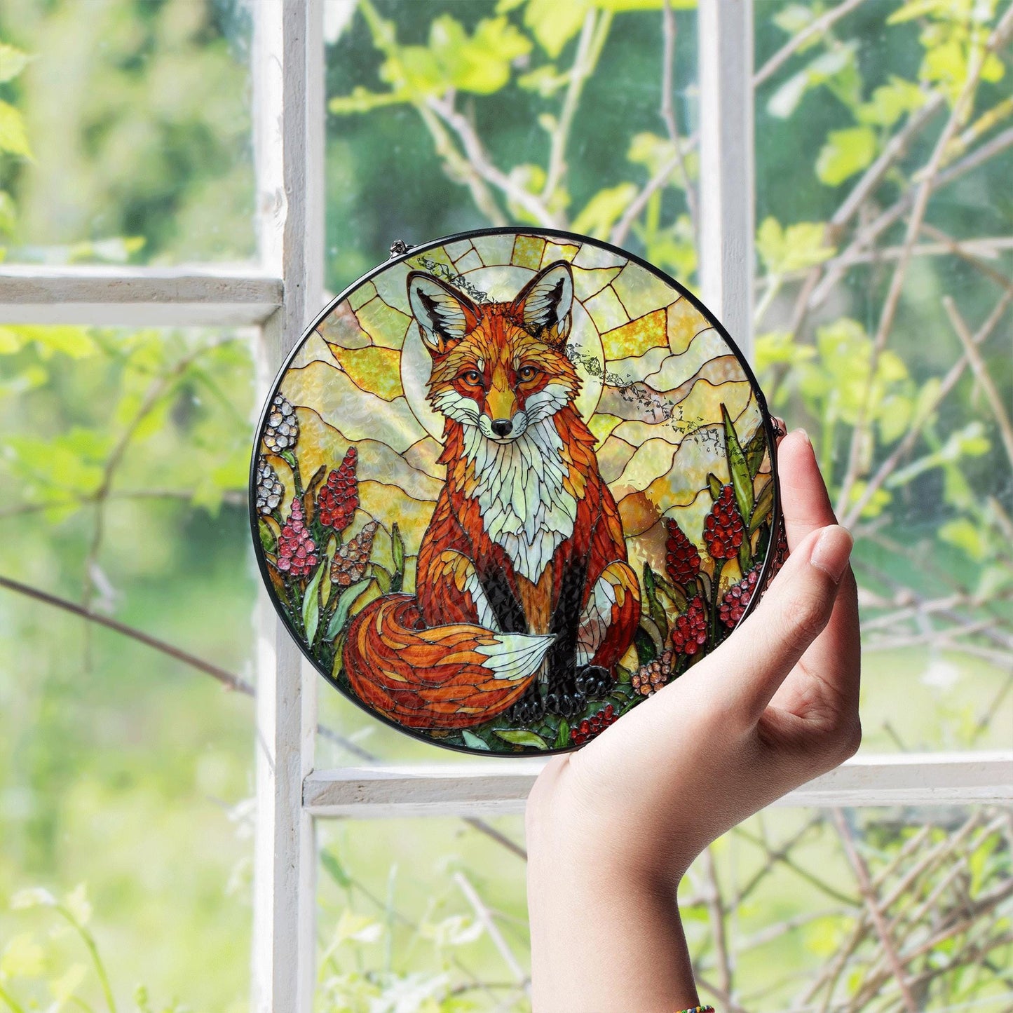 Fox in Wildflower Meadow Stained Glass Style Window Suncatcher Gift for Nature Lover or Woodland Animal Fan