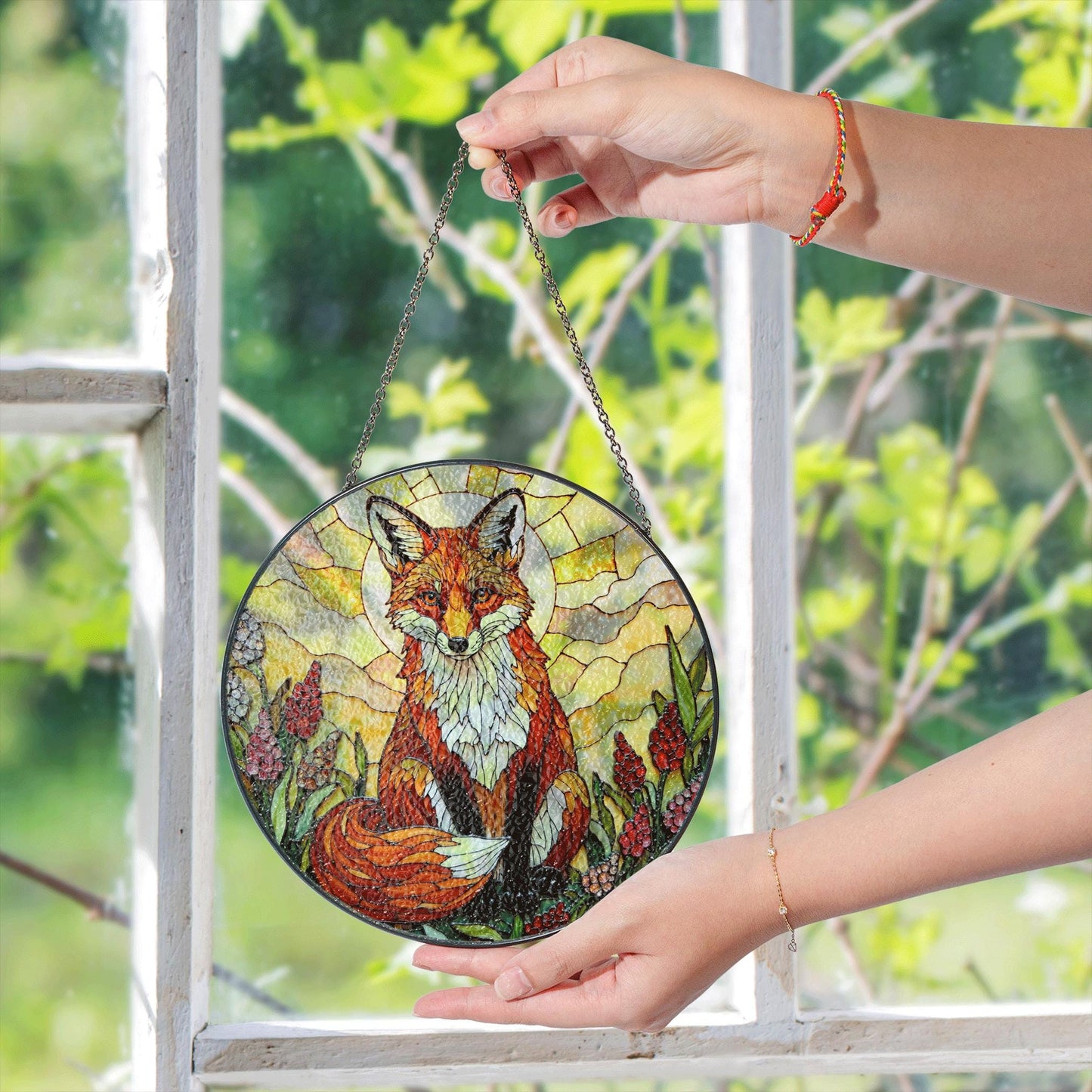 Fox in Wildflower Meadow Stained Glass Style Window Suncatcher Gift for Nature Lover or Woodland Animal Fan