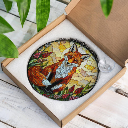 Fox in Wildflower Meadow Stained Glass Style Window Suncatcher Gift for Nature Lover or Woodland Animal Fan