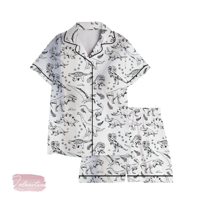 Vintage Dinosaur Pajama Set – Black & White Prehistoric Print Sleepwear for Adults, Cute Retro Dino Loungewear Gift