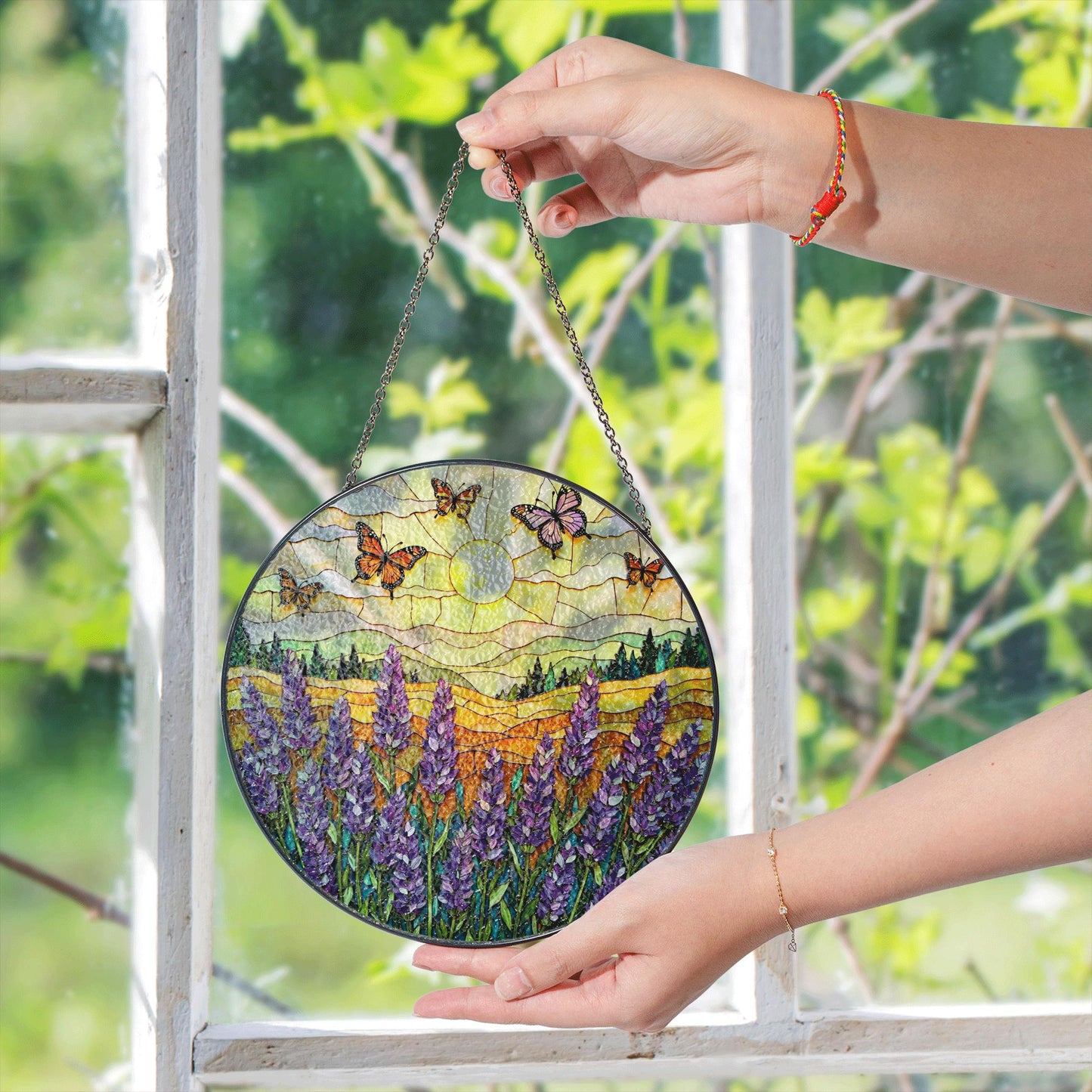 Purple lavender field butterflies stained glass round suncatcher gift for mom nature decor