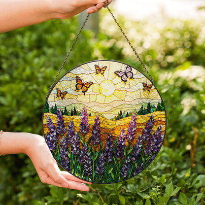 Purple lavender field butterflies stained glass round suncatcher gift for mom nature decor