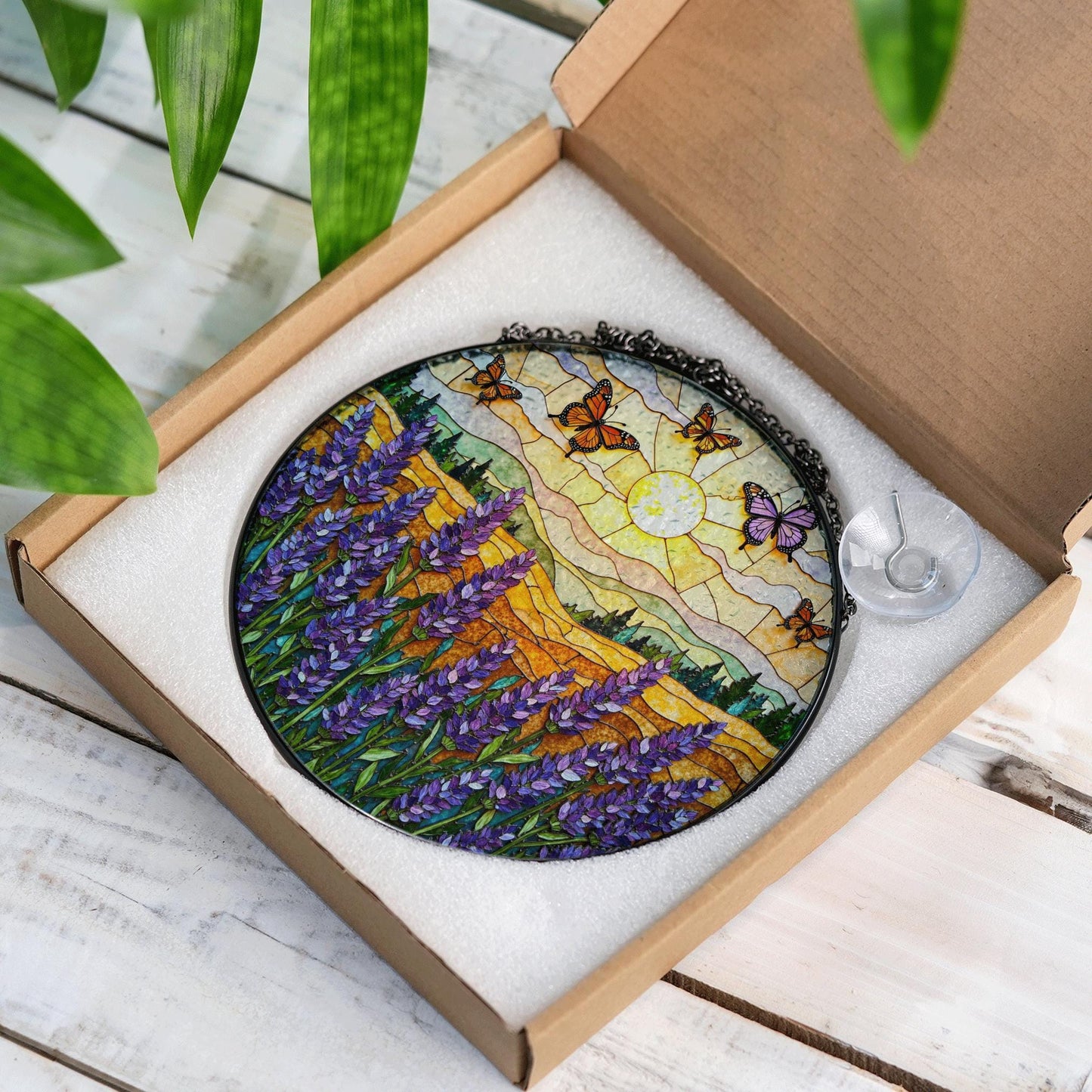 Purple lavender field butterflies stained glass round suncatcher gift for mom nature decor