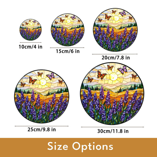 Purple lavender field butterflies stained glass round suncatcher gift for mom nature decor
