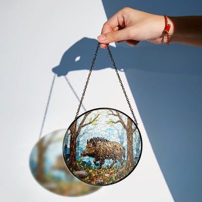 Wild Boar Forest Scene Stained Glass Suncatcher Woodland Animal Window Decor Gift for Nature Lover