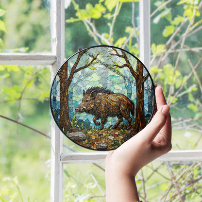 Wild Boar Forest Scene Stained Glass Suncatcher Woodland Animal Window Decor Gift for Nature Lover