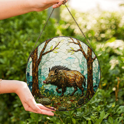 Wild Boar Forest Scene Stained Glass Suncatcher Woodland Animal Window Decor Gift for Nature Lover