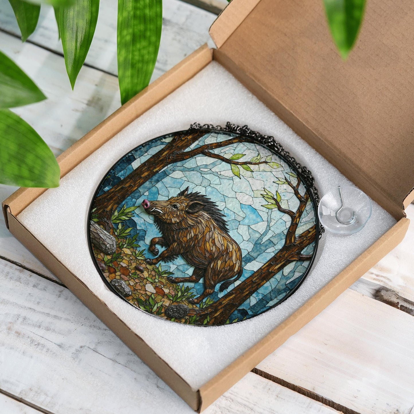 Wild Boar Forest Scene Stained Glass Suncatcher Woodland Animal Window Decor Gift for Nature Lover