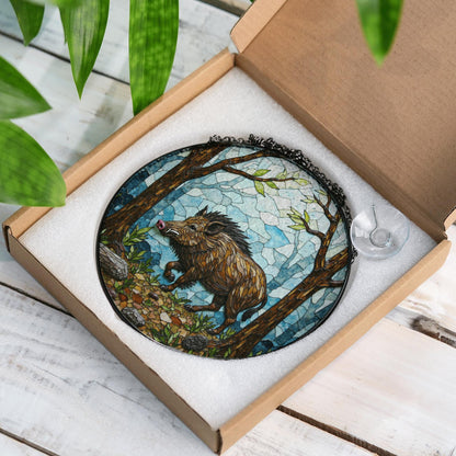 Wild Boar Forest Scene Stained Glass Suncatcher Woodland Animal Window Decor Gift for Nature Lover