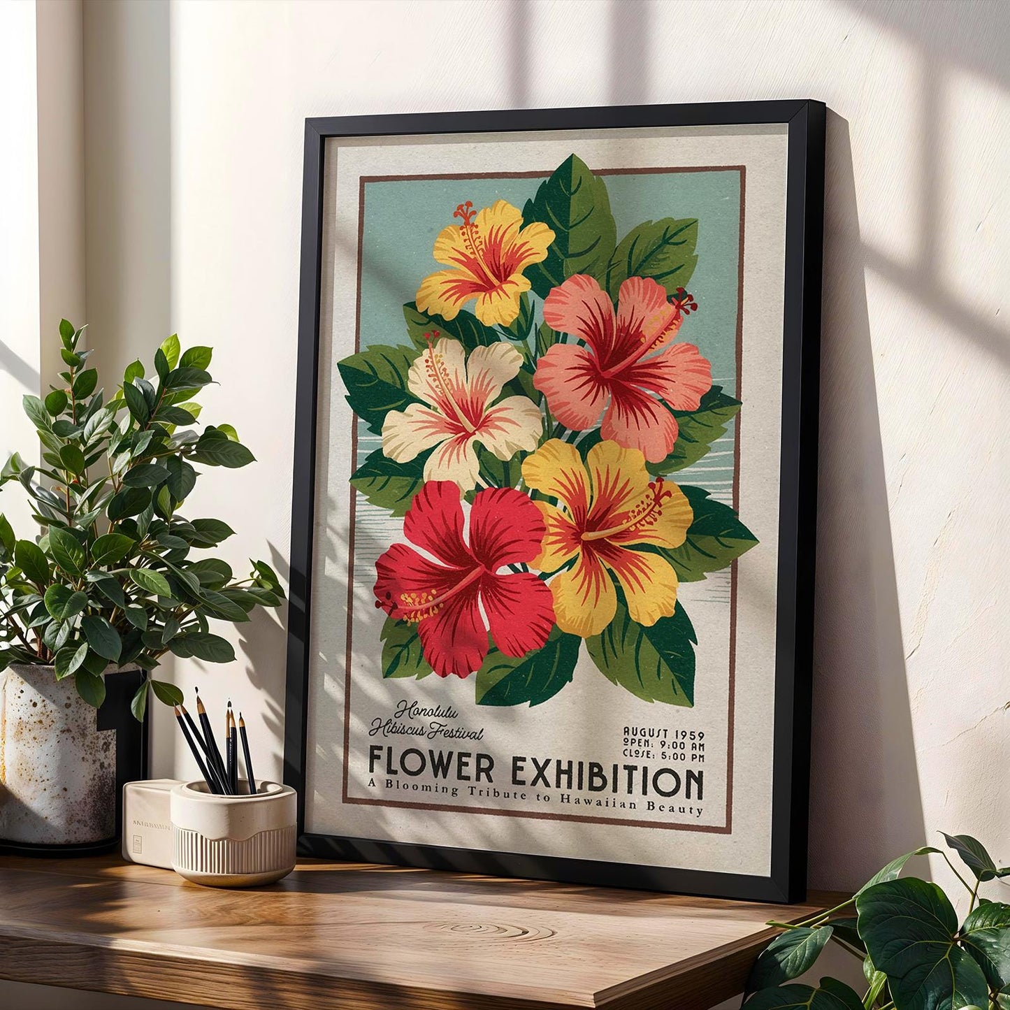 Flower Market Hibiscus Print, Retro Hawaiian Flower Art | Flower Market Print | Retro Botanical Poster, Vintage Hawaii Flower Art