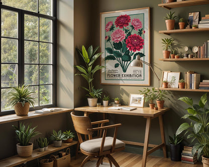 San Francisco Dahlia Botanical Art Print, Floral Wall Poster Gift | Retro Botanical Decor for Plant Moms, Mid Century Garden Artwork