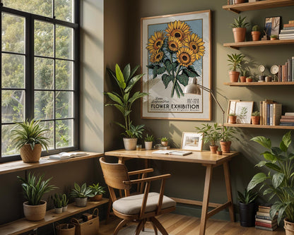 Berlin Sunflower Botanical Print, Bold Floral Wall Poster | Retro Botanical Art for Gardeners, Mid Century Sunflower Decor
