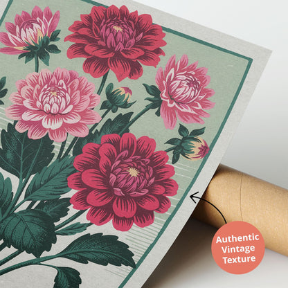 San Francisco Dahlia Botanical Art Print, Floral Wall Poster Gift | Retro Botanical Decor for Plant Moms, Mid Century Garden Artwork