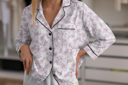 Toile de Jouy Inspired Bridal Pajama Set – Satin Getting Ready Outfit for Brides and Bridesmaids