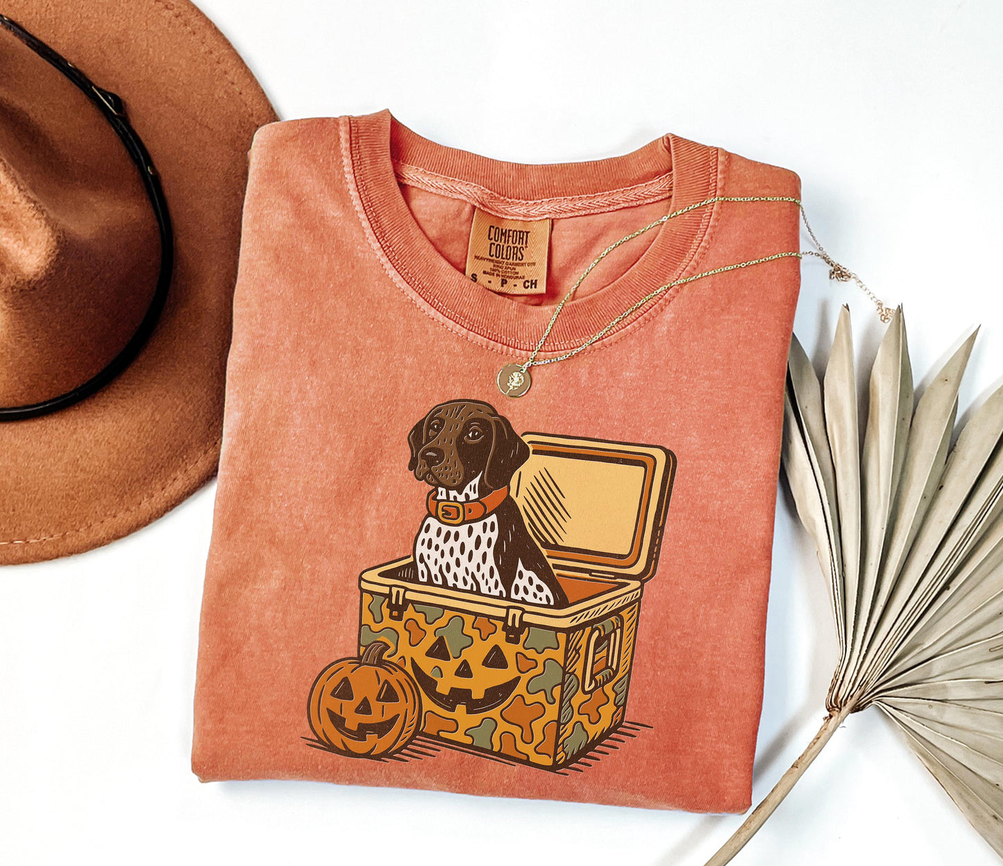 Comfort Colors® German Shorthair Pointer Halloween Shirt, Dog in Camo Cooler with Pumpkin Face Shirt, Fall Hunting, Spooky Halloween Shirt