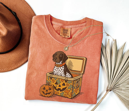 Comfort Colors® German Shorthair Pointer Halloween Shirt, Dog in Camo Cooler with Pumpkin Face Shirt, Fall Hunting, Spooky Halloween Shirt