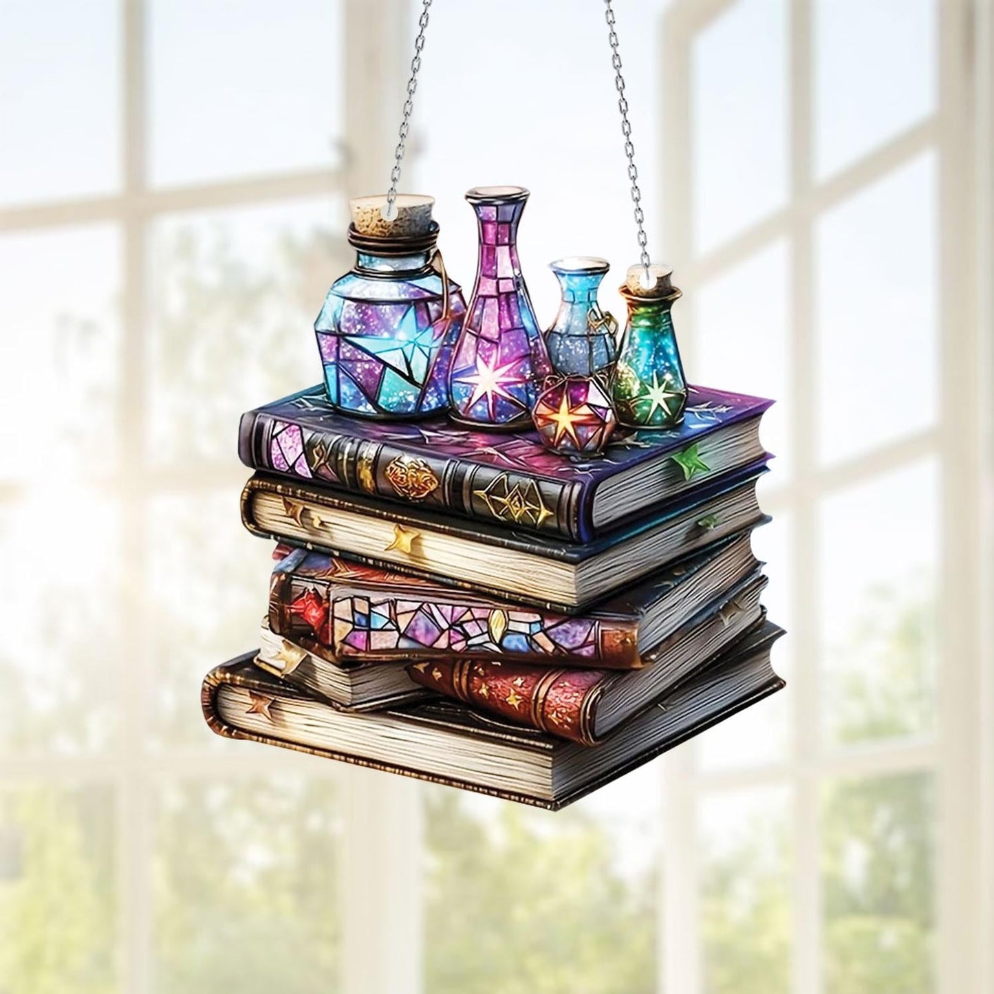 Magical Potion Books Window Hanging Decor – Fantasy Witchy Room Aesthetic, Book Lover Gift, Wizard Alchemy Shelf Decor for Home & Office