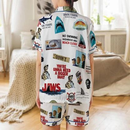 Jaws Shark Movie Retro Satin Pajamas, Vintage Summer Horror Pajamas  Pajamas Set