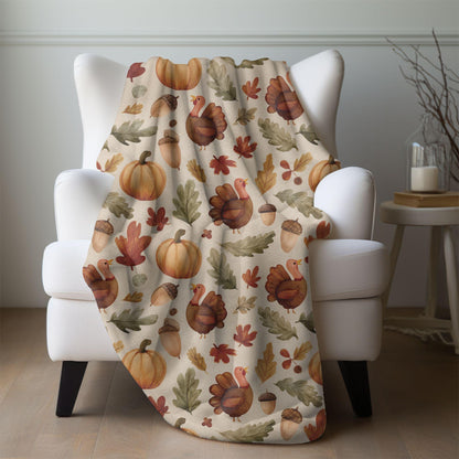 Cozy Fall Thanksgiving Blanket | Cute Turkey & Pumpkin Throw | Autumn Leaves Fleece Blanket | 3 Sizes | Thanksgiving Home Decor Gift
