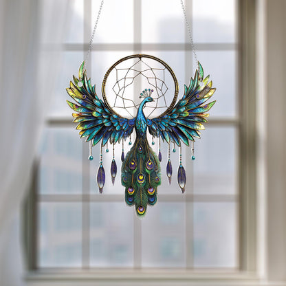 Peacock Dreamcatcher Window Hanging – Elegant Blue and Green Feathered Bird Decor for Spiritual Homes, Boho Rooms, or Meaningful Gifts