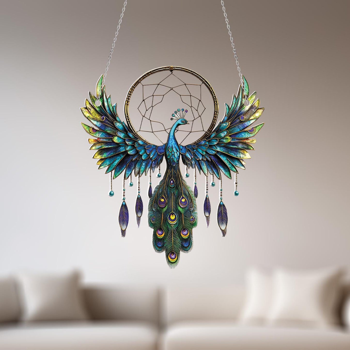 Peacock Dreamcatcher Window Hanging – Elegant Blue and Green Feathered Bird Decor for Spiritual Homes, Boho Rooms, or Meaningful Gifts