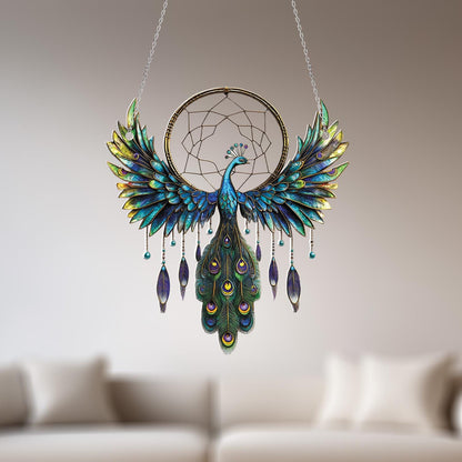 Peacock Dreamcatcher Window Hanging – Elegant Blue and Green Feathered Bird Decor for Spiritual Homes, Boho Rooms, or Meaningful Gifts