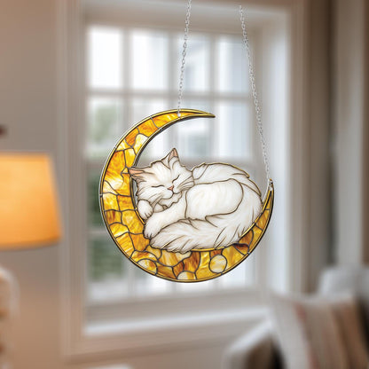Sleeping White Cat on Crescent Moon Window Hanging – Cozy Cat Lover Decor for Peaceful Homes, Pet Memorials, or Relaxing Boho-Inspired Space