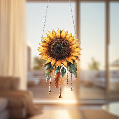CoSunflower Window Hanging – Cheerful Floral Home Decor with Beads and Leaves, Perfect for Nature Lovers, Kitchen Windows, or Rustic Gifts