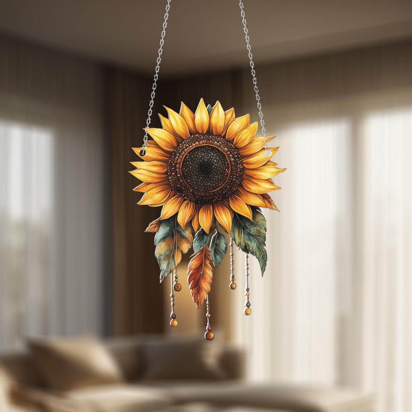 CoSunflower Window Hanging – Cheerful Floral Home Decor with Beads and Leaves, Perfect for Nature Lovers, Kitchen Windows, or Rustic Gifts