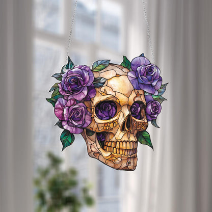 Skull with Purple Roses Window Hanging, Gothic Floral Home Decor, Unique Boho Chic Decoration