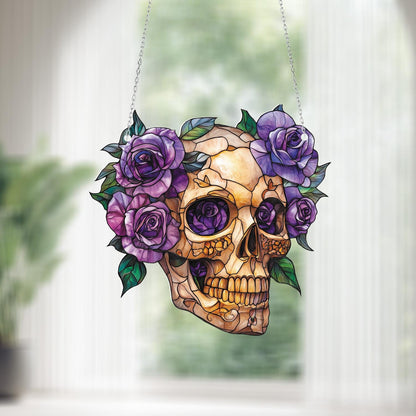 Skull with Purple Roses Window Hanging, Gothic Floral Home Decor, Unique Boho Chic Decoration