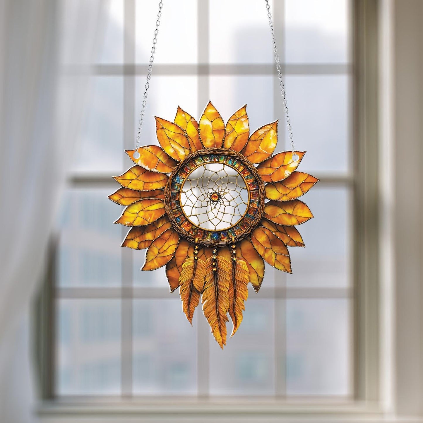 Sunflower Dreamcatcher Window Hanging, Boho Chic Sunflower Decor, Unique Home and Room Decoration
