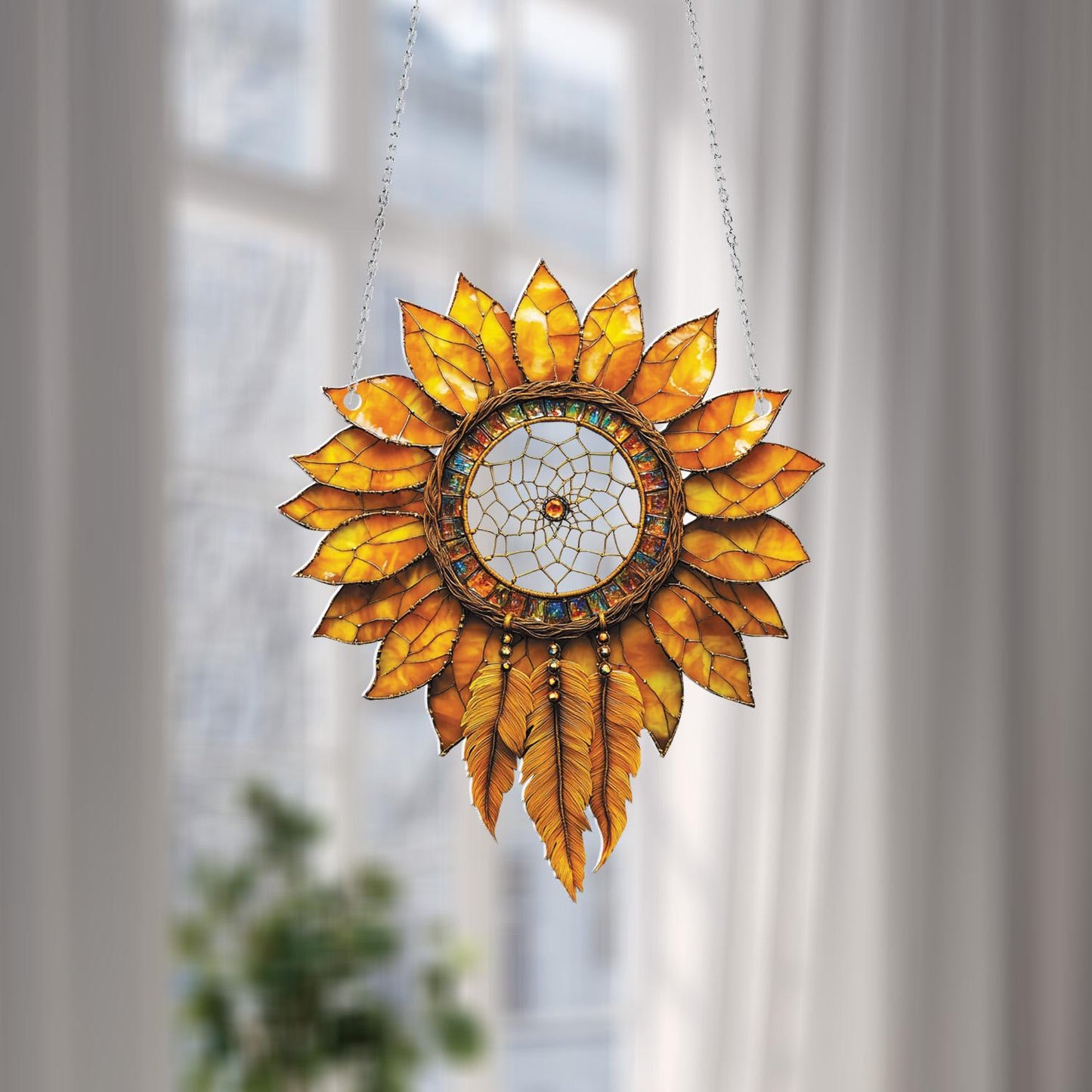 Sunflower Dreamcatcher Window Hanging, Boho Chic Sunflower Decor, Unique Home and Room Decoration